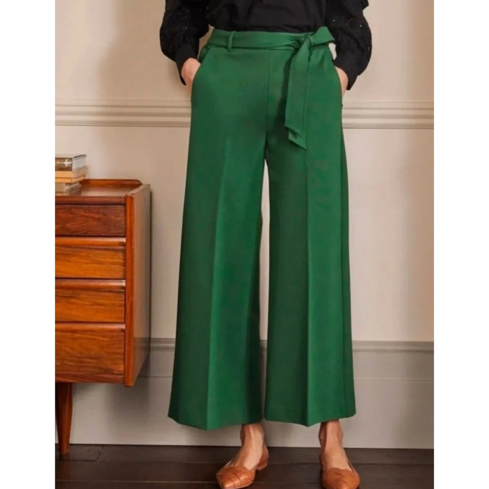 BODEN Tie Waist Wide Leg Cropped Culotte Ponte Pants Forest Green Womens Size 6